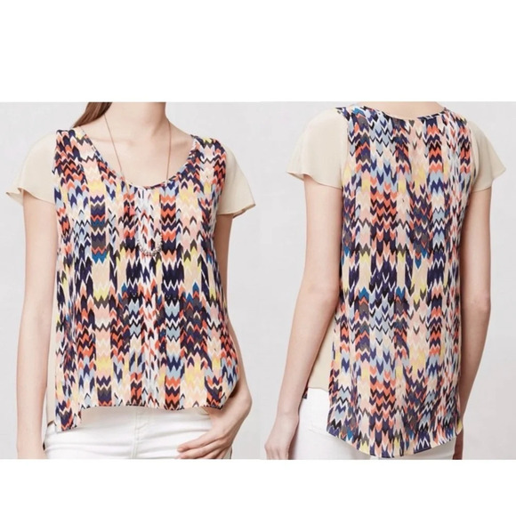 Anthropologie Maeve 100% Silk Multicolor Chevron Print Blouse Small Women’s - Picture 1 of 14